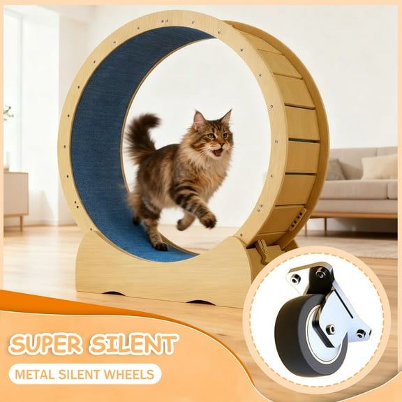Cat Exercise Wheel for Indoor Cats, 42" Cat Treadmill Wheel with Detachable Carpeted Runway, Natural Solid Wood Sturdy Running Wheel for Running/Training/Walking, Suitable for Most Cats