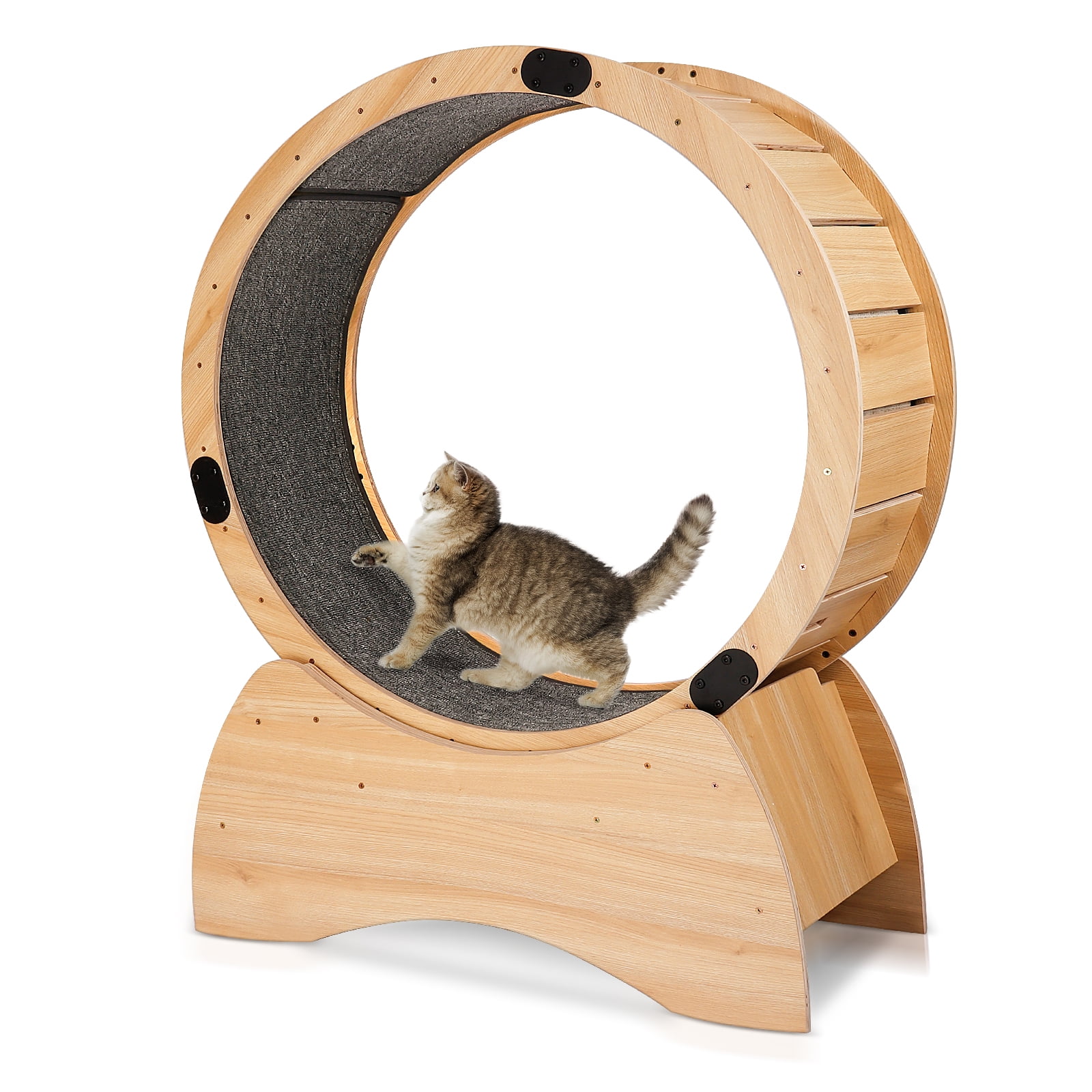 Natural Wood and Carpeted Cat Exercise Wheel with Detachable Blanket