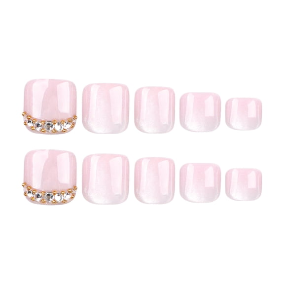 Cat Eye Artificial Toenails in Pink and Gold, Short Square Glitter Press on Pedicure Nails with Rhinestone Accents, 24 Count