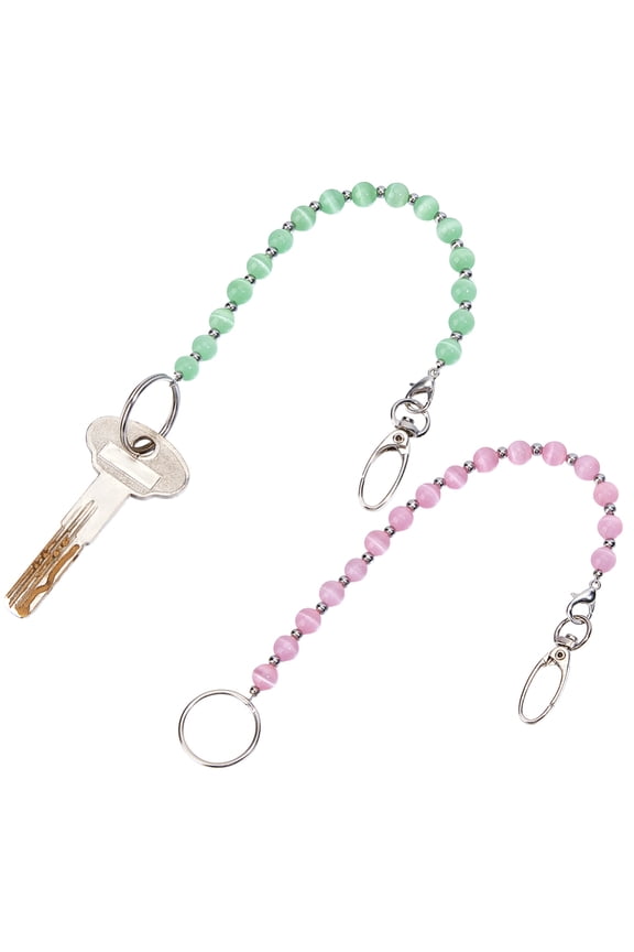 Cat Eye Beads Keychain with Alloy Lobster Claw Clasps and Iron Rings Mixed Color 261mm