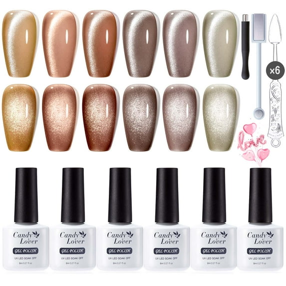 Candy Lover Cat Eye Gel Nail Polish Kit, 6 Brown Grey Orange Holographic Glitter Gel Polish with 2 Magnets, Soak Off UV LED Nail Polish, Manicure Gift Set for Women