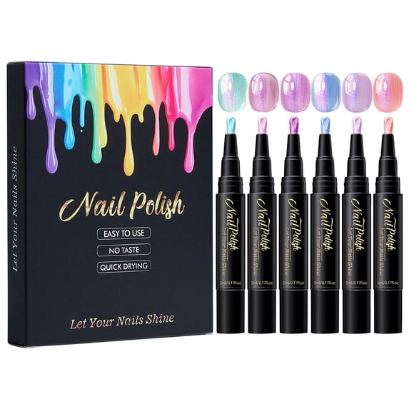 Cat Eye Gel Nail Polish Pen Set 6 Colors, Water Based Shine Shimmer Quick Dry Nail Art Pens, No UV Lamp Needed, Easy Control Brush Tip for DIY Manicure, Nail Polish Kit Beginner Friendly (A)
