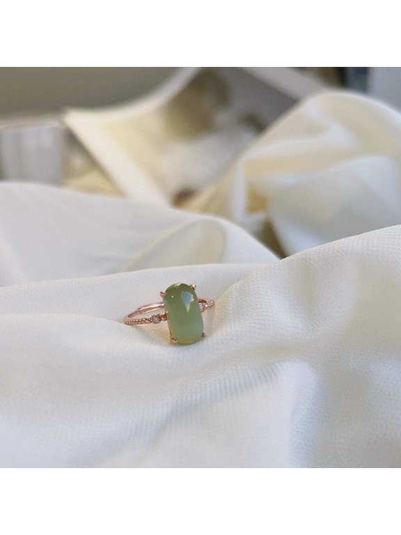 Cat Eye Hetian Jade Ring, Rectangle Natural Nephrite with Gold Plated Silver Band