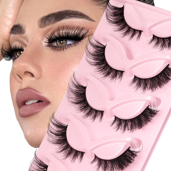 Cat Eye Lashes Natural Look Fox False Eyelashes Gorgeous Wispy & Lightweight Faux Mink Lashes for Doll Eye Makeup 5 Pairs Pack (Charming)