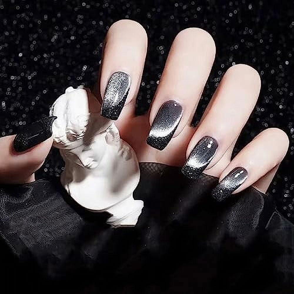Cat Eye Press on Nails Medium Square Fake Nails Black Silver False