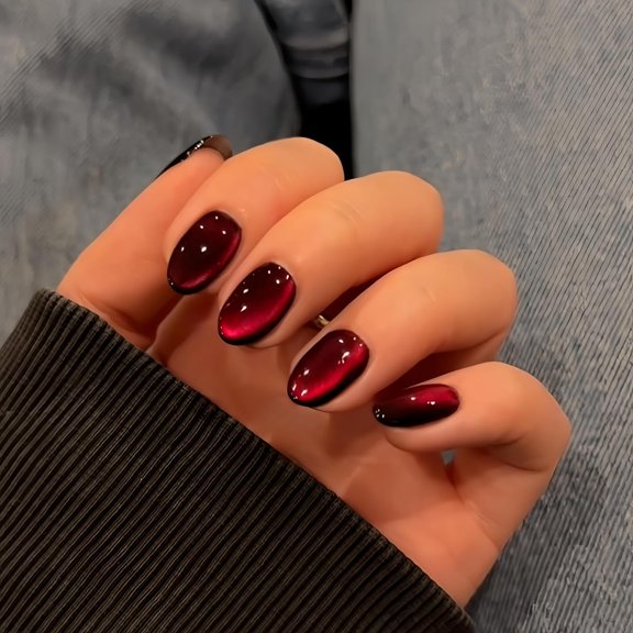 Cat Eye Press on Nails Short Oval, 30 Pcs Dark Red Fake Nails Extra Short Round, Glitter Chrome Black Glue on Nails Almond, Reusable Shiny Sparkly False Nails for Women Party Decoration
