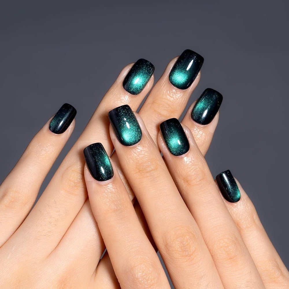 Cat Eye Press-On Nails - Color Changing Short Square False Acrylic Nails, Full Coverage False Nail Tips, Glossy and Reusable, Women's Nail Art Set