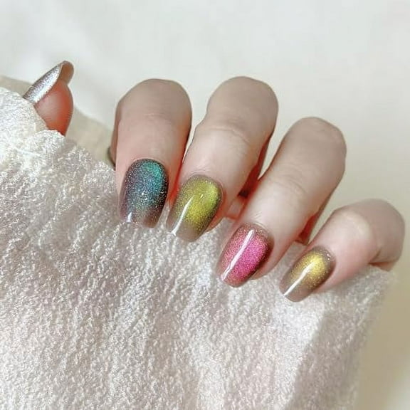 Cat Eye Press On Nails Short ,Magnetic,Colorful,Square,Summer Natural Static Fake Nail Tips Full Cover Glossy for Women & Girls 24pcs