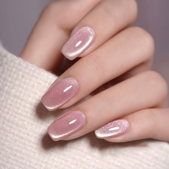 Cat Eye Press On Nails, Sparkling False Nails For Women Girls New Year And Daily Party Nail Decor, 1 Nail File And 1Sheet Adhesive Tabs Included