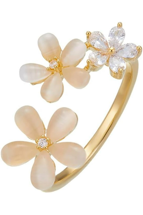 Cat Eye Stone Daisy Flower Ring for Women Cubic Zirconia Little Floral Wrap Finger Band Eternity Promise Rings Open Statement Ring Dainty Jewelry Christmas Thanksgiving