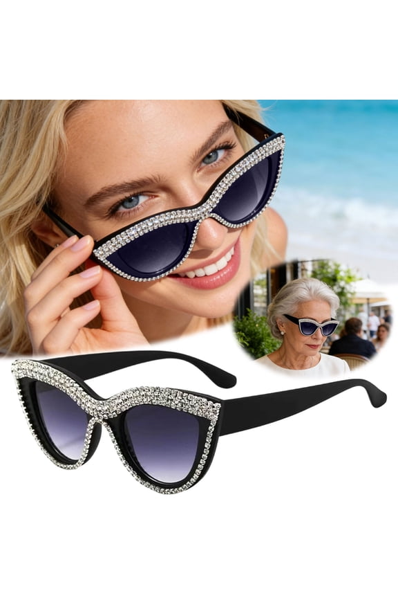 Cat Eye Sunglasses Handmade Full Rhinestone Encrusted PC Frame Gradient Purple Lens UV Protection Fashion Shades for Daily Outdoor Party Street Style Matching(Black-14x5cm)