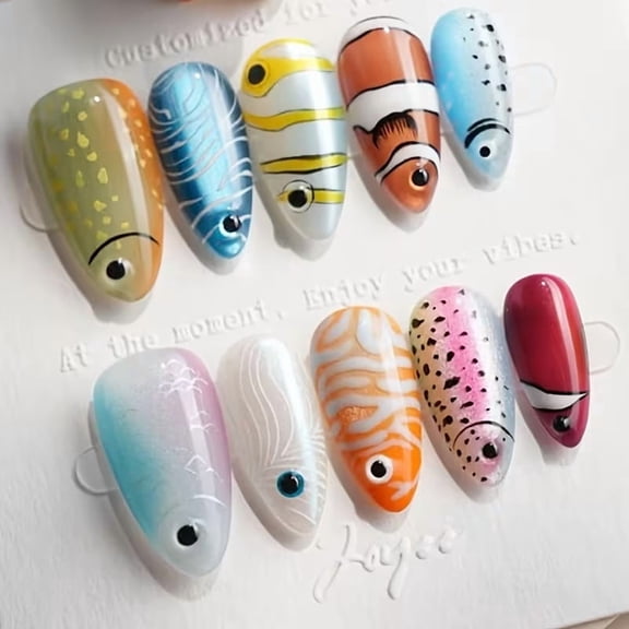 Cat Eye Tropical Fish Press on Nails Medium Almond Summer Ocean Style