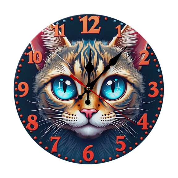 Cat Eye Wall Clock 10 Inch Silent Non Ticking Round Wooden Clock Decoration for Living Room Kitchen Bedroom Bathroom Office Classroom