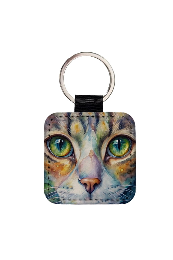 Cat Eyes Close-Up Watercolor Faux Leather Square Keychain