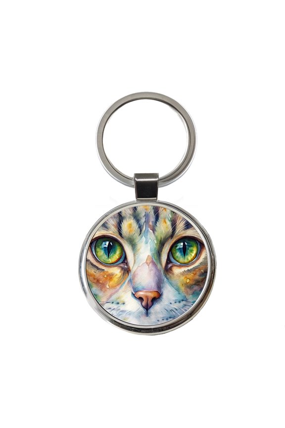 Cat Eyes Close-Up Watercolor Metal Round Keychain