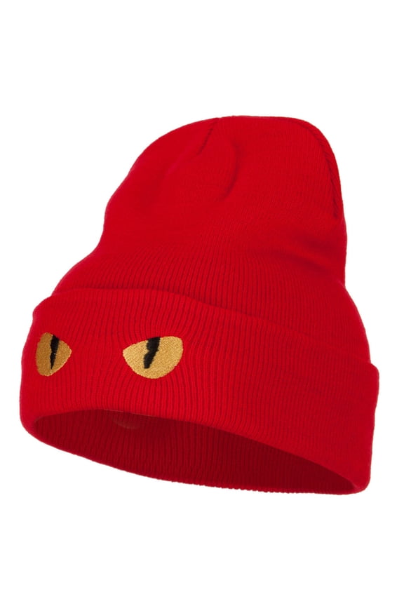 Cat Eyes Embroidered Long Beanie - Red OSFM