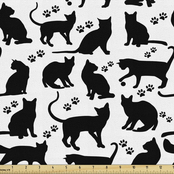 Ambesonne Cat Fabric by the Yard Upholstery, Black Silhouettes Friendly, 10 Yards, Black White