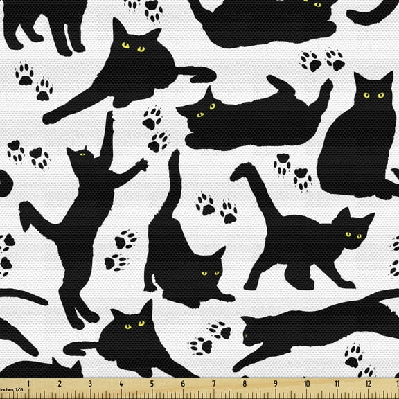 Ambesonne Cat Fabric by the Yard Upholstery, Black Cats Different Poses, 1 Yard, Black White