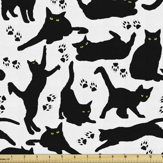 Ambesonne Cat Fabric by the Yard Upholstery, Black Cats Different Poses, 10 Yards, Black White