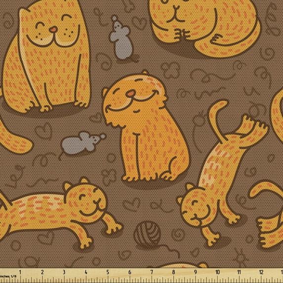 Ambesonne Cat Fabric by the Yard Upholstery, Orange Cheerful Kitties, 10 Yards, Umber and Marigold