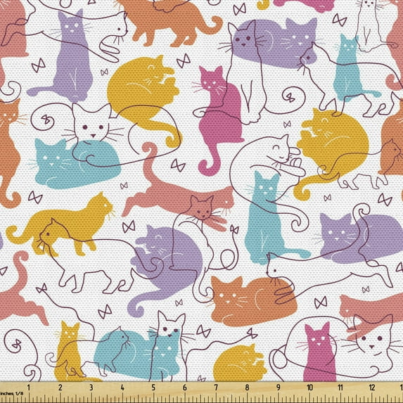 Cat Fabric by the Yard, Colorful Cat Silhouettes and Outlines Bow Ties Sleeping Playing Happy Joyful, Decorative Upholstery Fabric for Chairs & Home Accents, 1 Yard, Multicolor by Ambesonne