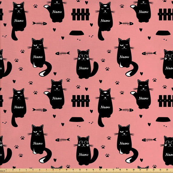 Ambesonne Cat Fabric by the Yard Upholstery, Kitten Silhouette Fish Paws, 2 Yards, Pastel Pink and Charcoal Grey