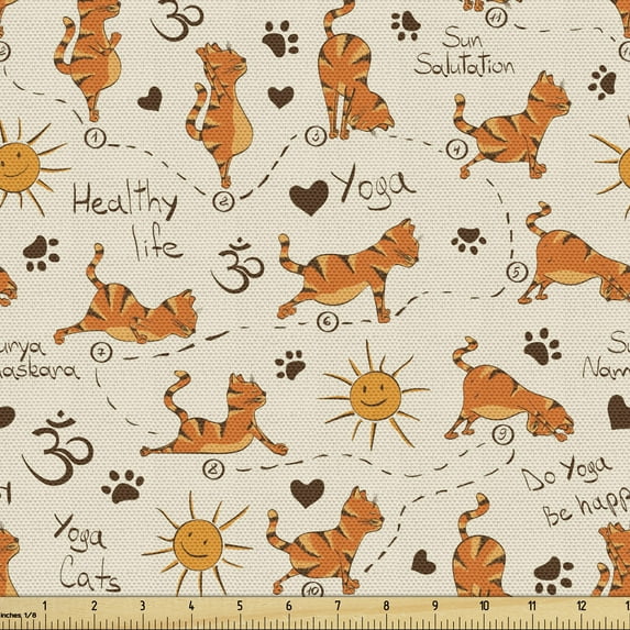 Ambesonne Cat Fabric by the Yard Upholstery, Kitties Doing Yoga Paws, 1 Yard, Cream Orange Brown