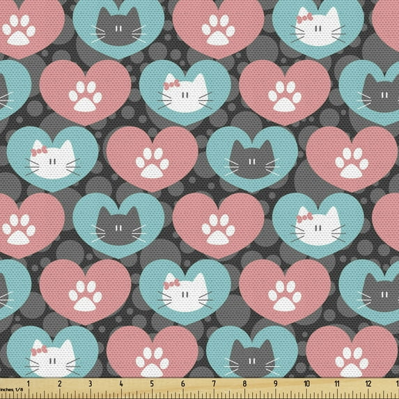 Ambesonne Cat Fabric by the Yard Upholstery, Kitten Portrait Heart, 2 Yards, Sea Green Pale Pink