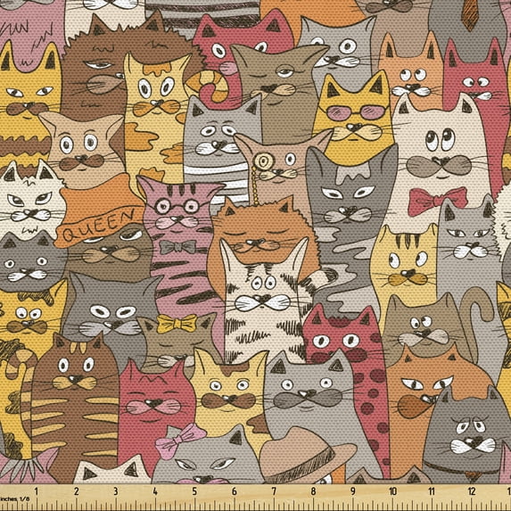 Cat Fabric by the Yard, Psychedelic Colorful Pattern with Funny Kittens Abstract Vintage Mascots Bizarre Comic, Decorative Upholstery Fabric for Chairs & Home Accents, Multicolor by Ambesonne