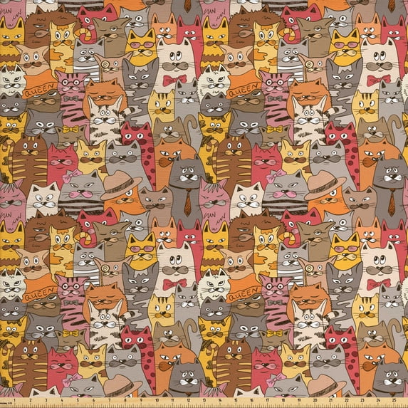 Ambesonne Cat Fabric by the Yard Upholstery, Psychedelic Comic Mascots, 10 Yards, Multicolor