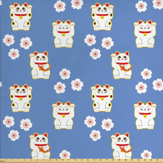 Cat Fabric by the Yard, Repetitive Maneki-Neko Motifs Japanese Inspired, Decorative Upholstery Fabric for Sofas and Home Accents, Azure Blue Dark Pink by Ambesonne