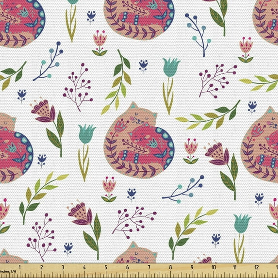 Ambesonne Cat Fabric by the Yard Upholstery, Scandinavian Style Kitten Art, 3 Yards, White and Multicolor