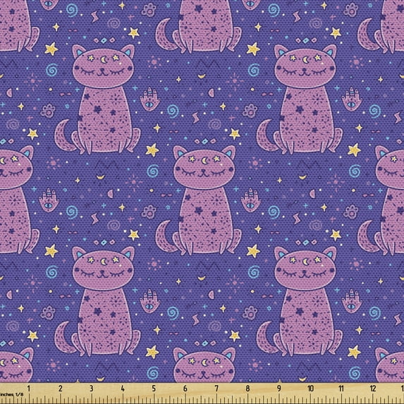 Cat Fabric by the Yard, Style Tones Fantasy World Kitten Starry Repetitive Illustration, Upholstery Fabric for Dining Chairs Home Decor Accents, Blue Violet and Pink by Ambesonne