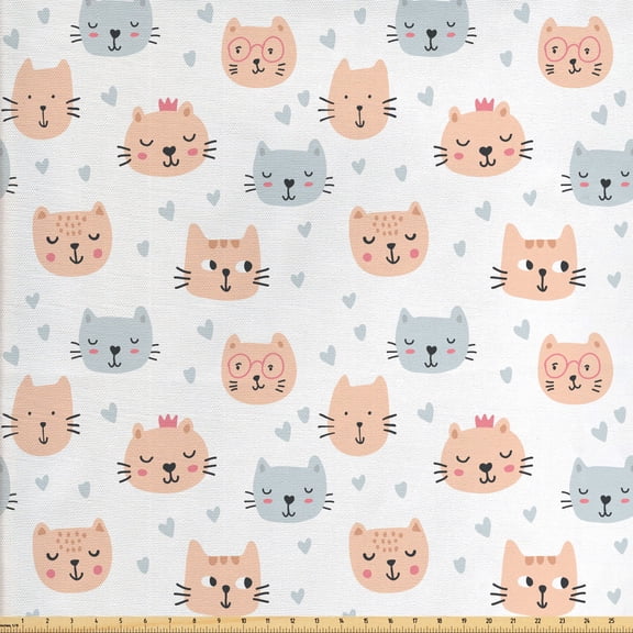 Ambesonne Cat Fabric by the Yard Upholstery, Doodle Style Pet Theme, 5 Yards, Peach Blue Grey