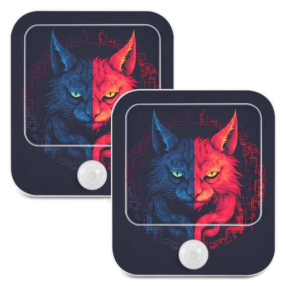Cat Face Blue and Red Night Lights Plug into Wall LED with Auto Light Sensor Warm Light for Kids Hallway Bedroom Living Room Kitchen Bathroom Set of 2