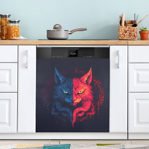 Cat Face Blue and Red Dishwasher Magnetic Covers Magnet Sticker Kitchen Decor Dishwasher Refrigerator Front Door Covers Decorative Magnetic 23" x 26"