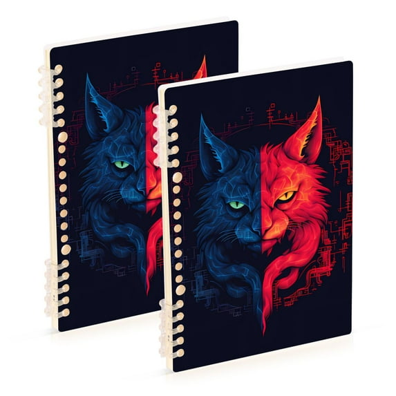 Cat Face Blue and Red Ring Binder Notebook Journey Note Diary College Ruled Spiral Notebook Study Loose Leaf Paper A5 60 Pages