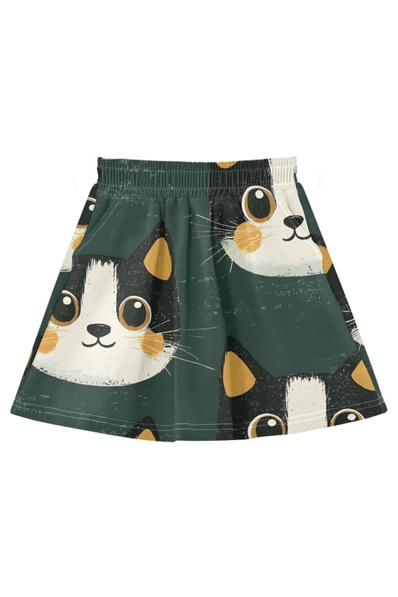 Cat Face Green Pattern Cotton Skirt Built-in Liner Elastic A-Line Flared Skirt with Pockets
