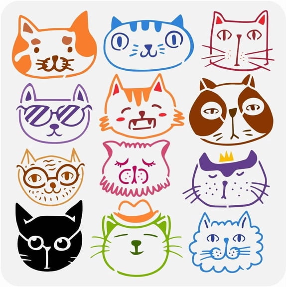 Cat Face Painting Stencil 11.8x11.8 Inch Reusable Cartoon Drawing Template - Cute Pattern for DIY