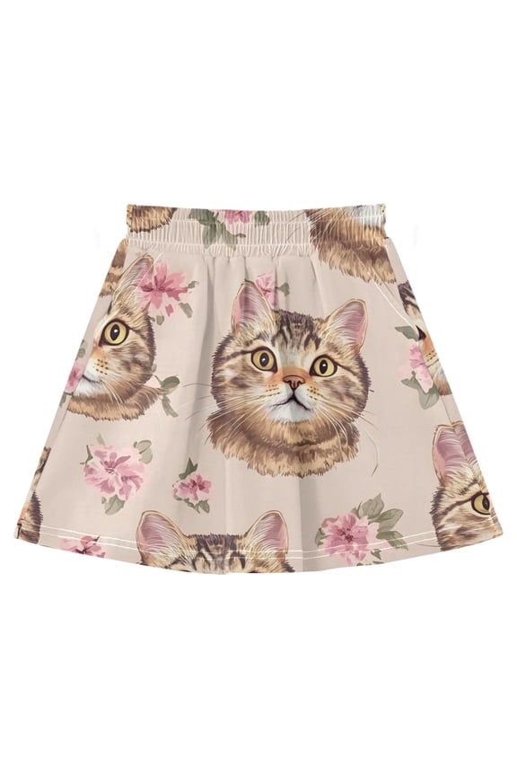 Cat Face Pattern Cotton Skirt Built-in Liner Elastic A-Line Flared Skirt with Pockets
