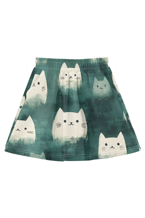 Cat Face Pattern Cotton Skirt Built-in Liner Elastic A-Line Flared Skirt with Pockets
