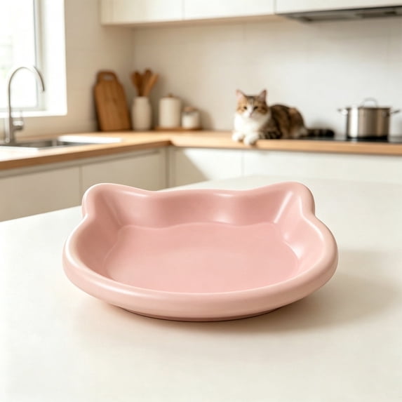 Cat Face Shaped Pet Food Plate, Plastic Non-Slip Shallow Feeding Dish for Kibble & Treats
