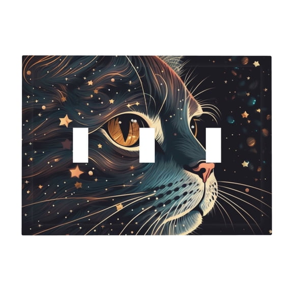Cat Face Starry Cute Kitty 3-Gang Wall Plate Modern Decorative Triple Toggle Switch Cover for Home & Commercial Use