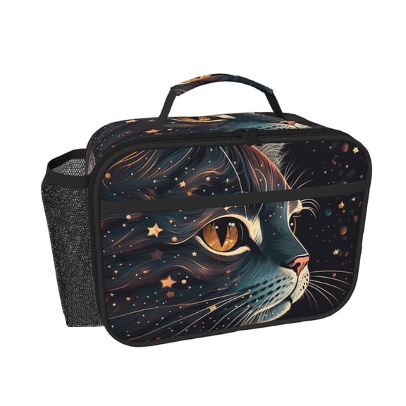 Cat Face Starry Cute Kitty Insulated Lunch Bag, Thermal Meal Prep Tote with Pockets Leakproof Lunch Box for Work Office Travel Picnic