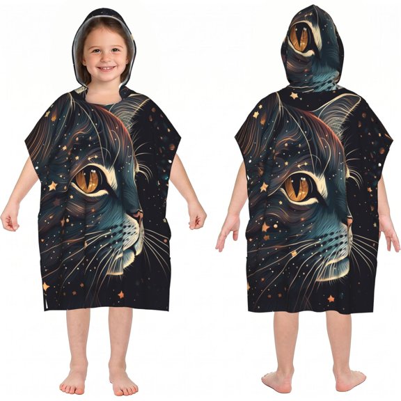 Cat Face Starry Cute Kitty Kids Hooded Beach Towel Bath Towel with Pockets Quick Dry Swim Cover-Up Poncho for Boys Girls