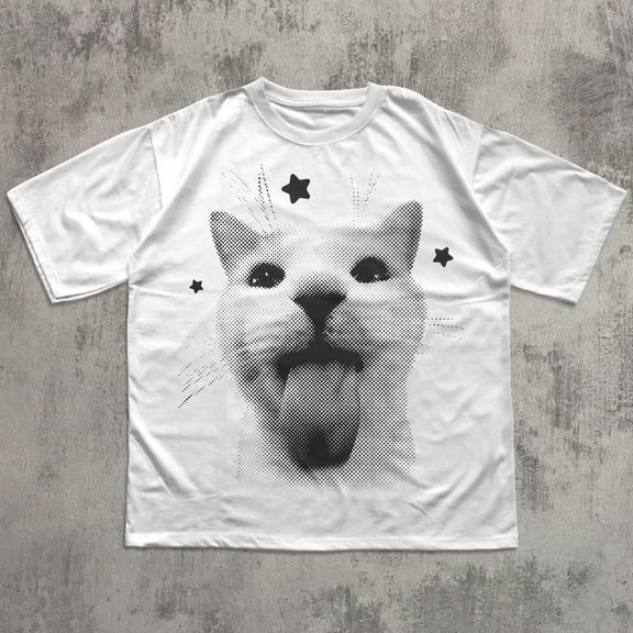 Cat Face Tongue Out Halftone Tee, Black & White Kitty Illustration, Unisex Cotton T-Shirt, Sizes S-5XL