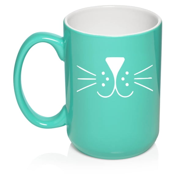 Cat Face Whiskers Ceramic Coffee Mug Tea Cup Gift for Her, Him, Women, Men, Sister, Girlfriend, Mom, Dad, Grandma, Daughter, Graduation, Birthday, Coworker, Cute, Kitty, Cat Lover (15oz Teal)