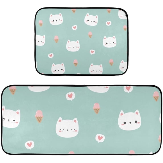 Cat Face with Ice Cream Kitchen Rug Mats 2PCS Non Slip 47" x 20" + 28" x 20" Kitchen Carpet Floor Mat Hallway Rugs Anti Fatigue Doormat Home Decor