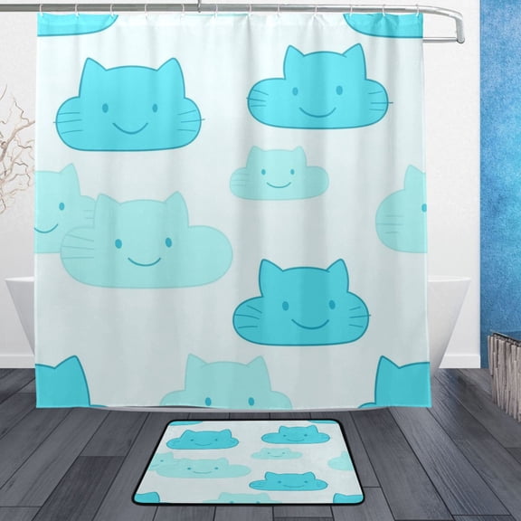 Cat Faced Clouds Pattern Bathroom Accessory Sets Waterproof Shower Curtain with Anti-Slip Bath Mat Durable Combo