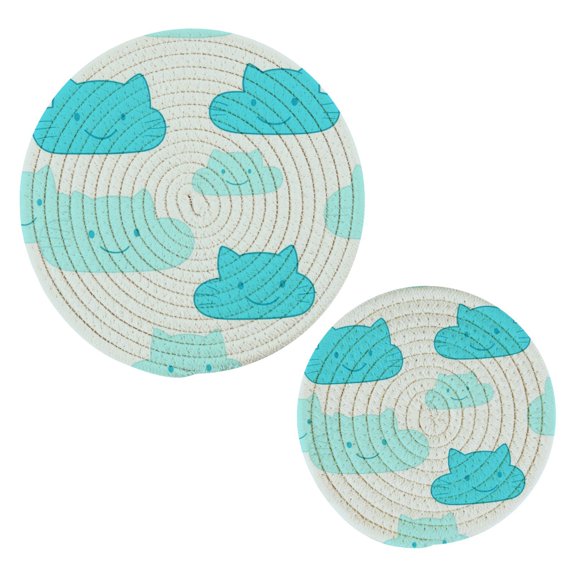 Cat Faced Clouds Pattern Cotton Braided Potholders, 2 Pack Heat-Resistant Pads 7.09'' and 9.45''